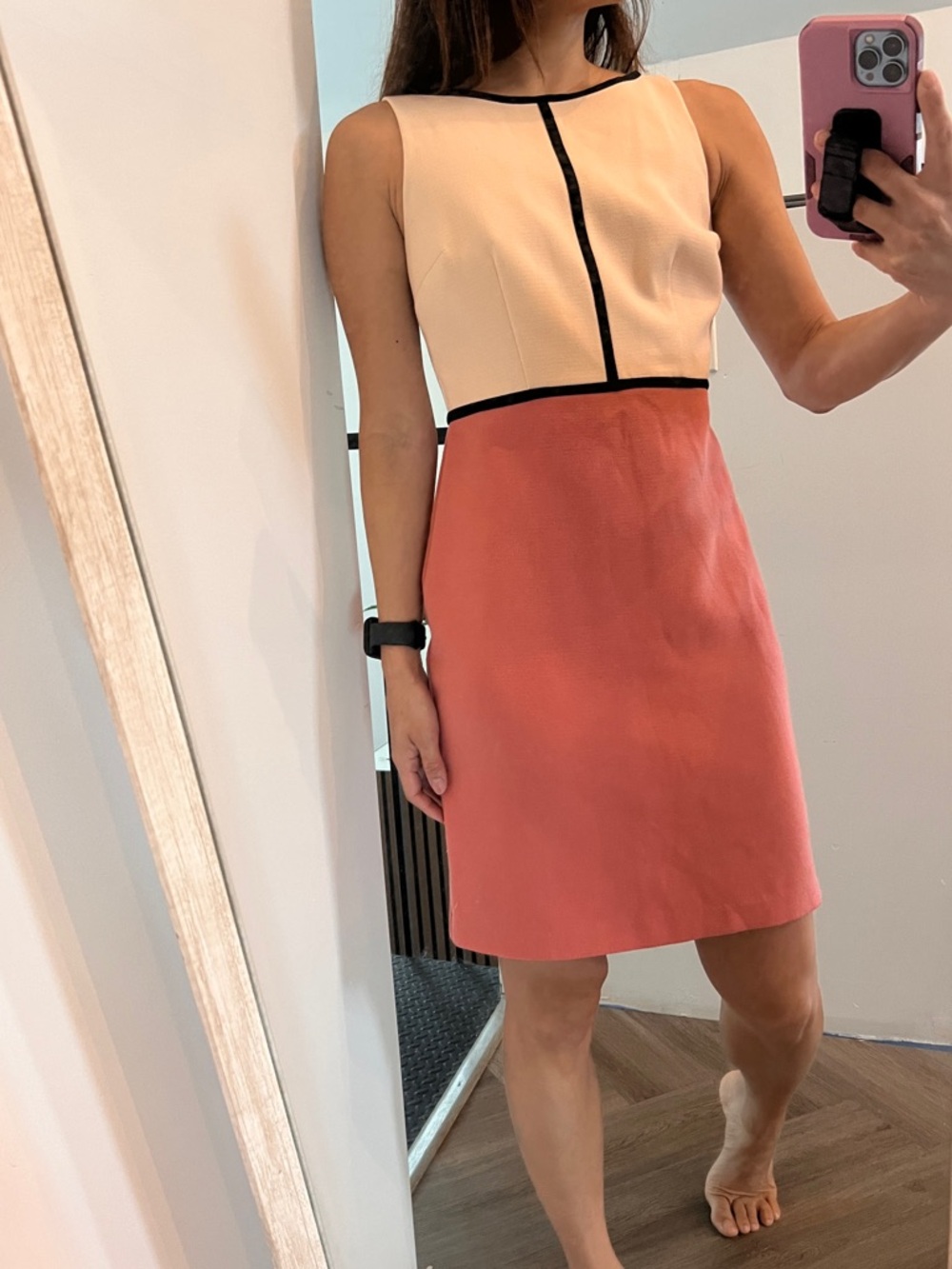 LOFT Two-Tone Pencil Dress in Peach & Coral with Black Trim 0